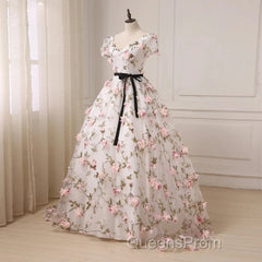 Beautiful Flowers Ball Gown Long Party Dress, Short Sleeves Evening Prom Dress