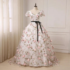 Beautiful Flowers Ball Gown Long Party Dress, Short Sleeves Evening Prom Dress