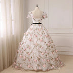 Beautiful Flowers Ball Gown Long Party Dress, Short Sleeves Evening Prom Dress