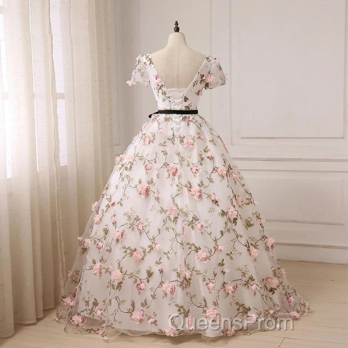 Beautiful Flowers Ball Gown Long Party Dress, Short Sleeves Evening Prom Dress