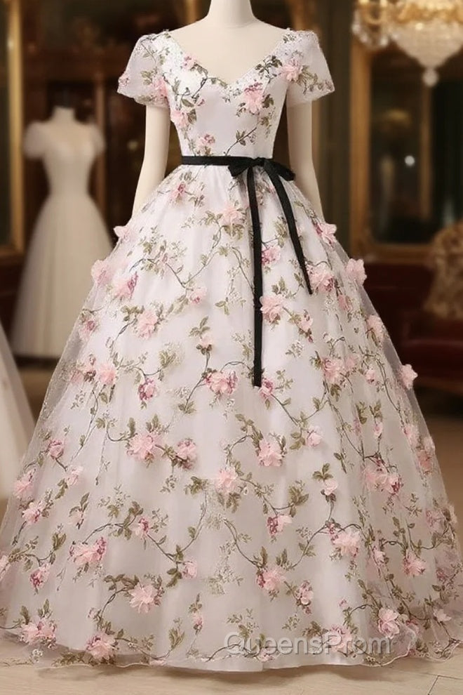Beautiful Flowers Ball Gown Long Party Dress, Short Sleeves Evening Prom Dress Main image