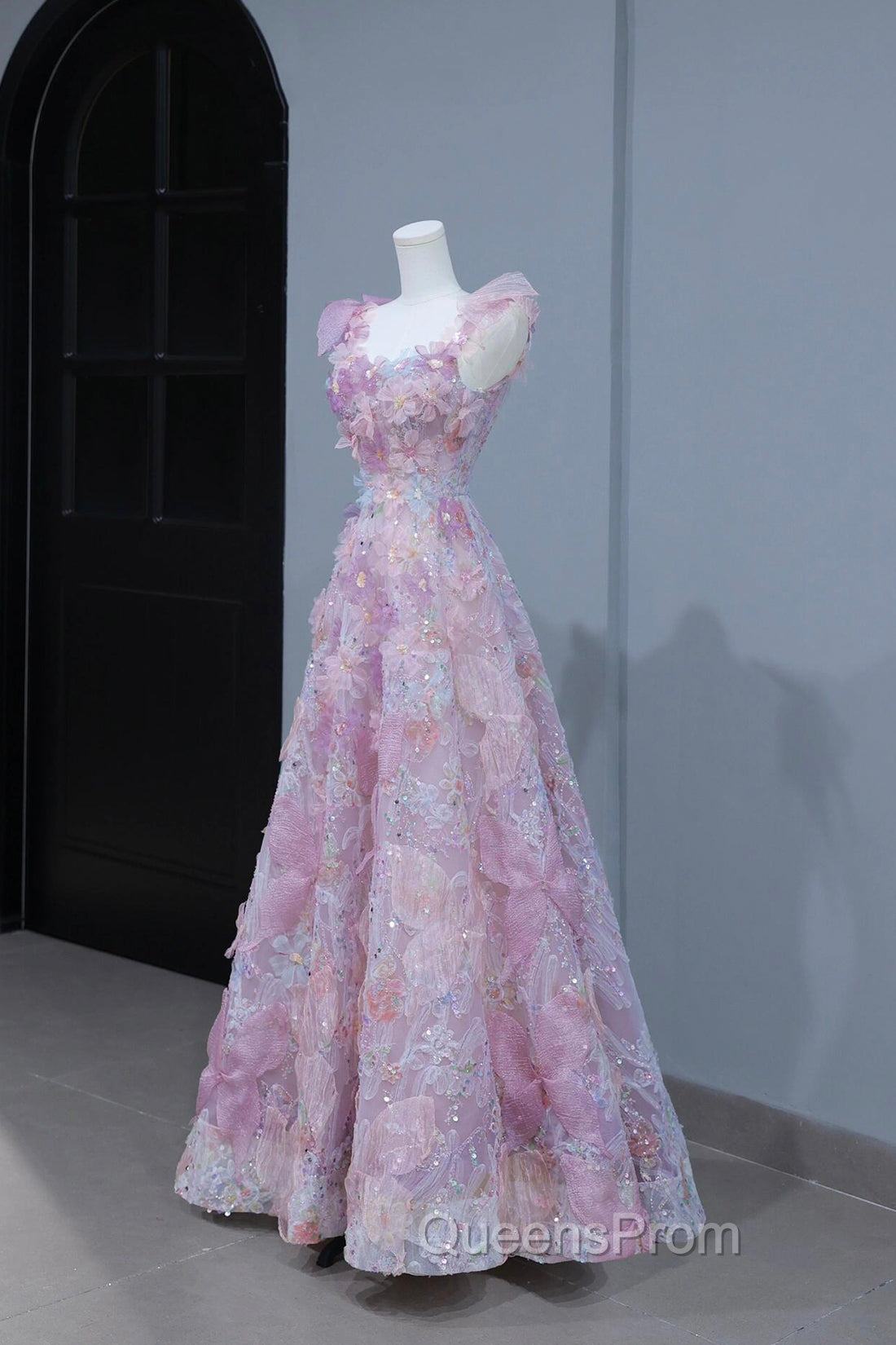 Beautiful Flowers Tulle Long Evening Dress, Purple Pink A-Line Evening Dress Secondary image