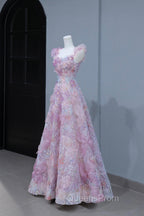 Beautiful Flowers Tulle Long Evening Dress, Purple Pink A-Line Evening Dress
