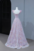 Beautiful Flowers Tulle Long Evening Dress, Purple Pink A-Line Evening Dress