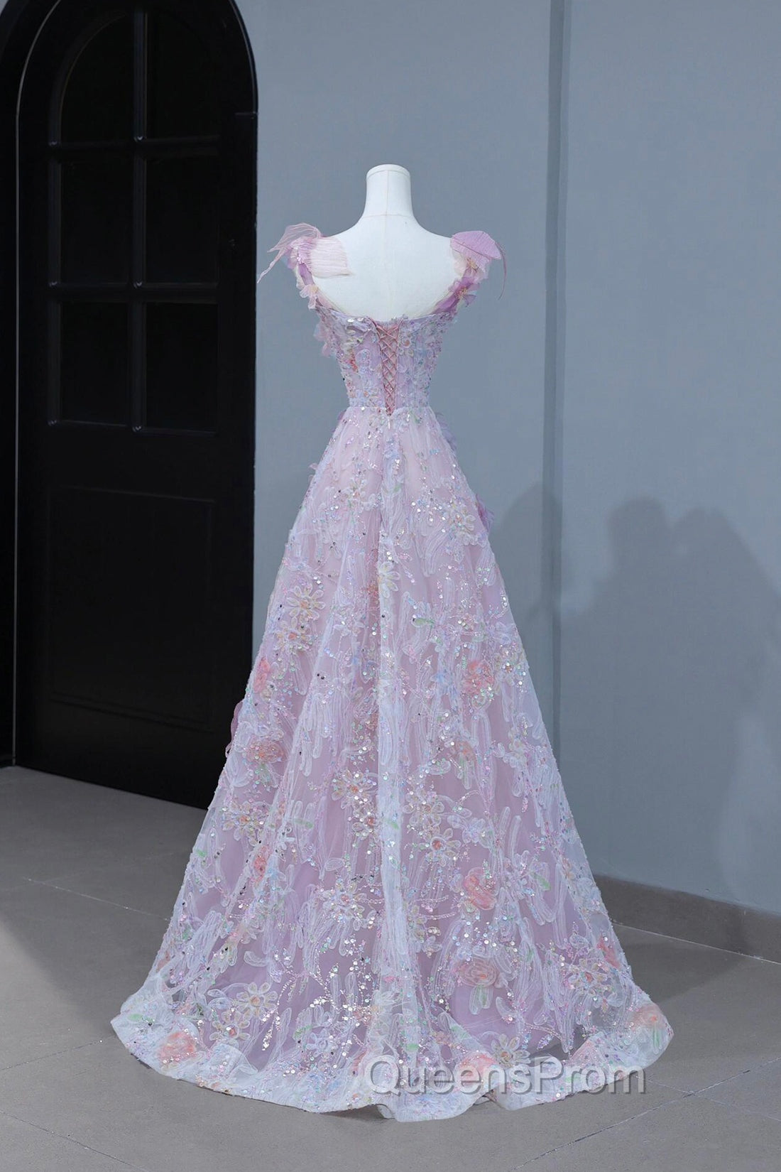 Beautiful Flowers Tulle Long Evening Dress, Purple Pink A-Line Evening Dress