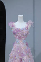 Beautiful Flowers Tulle Long Evening Dress, Purple Pink A-Line Evening Dress