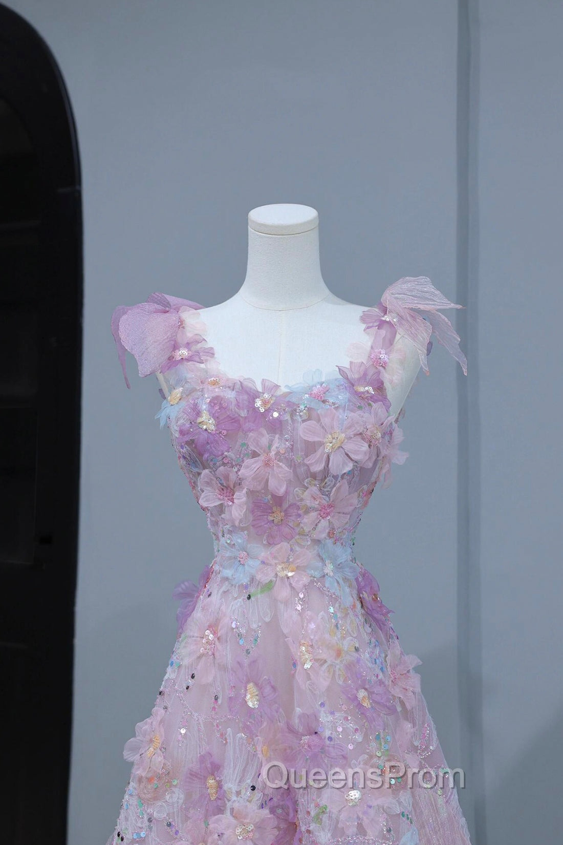Beautiful Flowers Tulle Long Evening Dress, Purple Pink A-Line Evening Dress