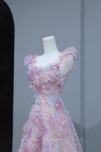 Beautiful Flowers Tulle Long Evening Dress, Purple Pink A-Line Evening Dress