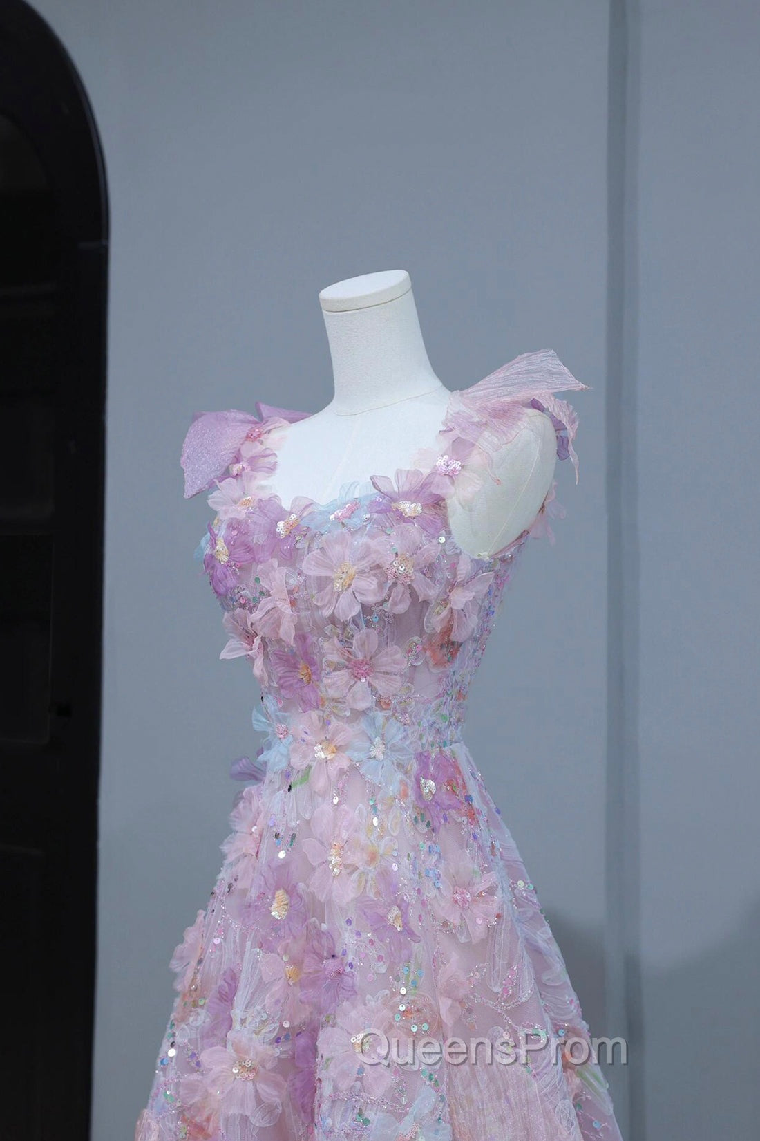 Beautiful Flowers Tulle Long Evening Dress, Purple Pink A-Line Evening Dress