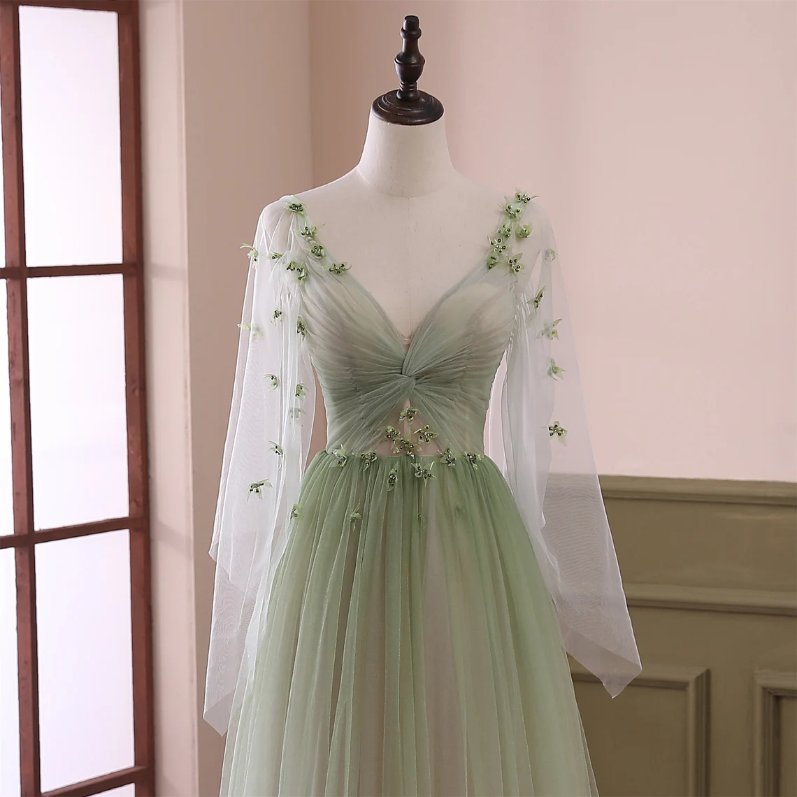 Beautiful Gradient Tulle Green Beaded Long Sleeves Party Dress, Green Classy Dress