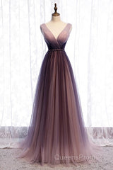 Beautiful Gradient V-Neckline Tulle Long Evening Prom Dress Party Dress, Gradient Evening Gown