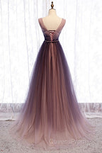 Beautiful Gradient V-Neckline Tulle Long Evening Prom Dress Party Dress, Gradient Evening Gown