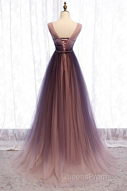 Beautiful Gradient V-Neckline Tulle Long Evening Prom Dress Party Dress, Gradient Evening Gown