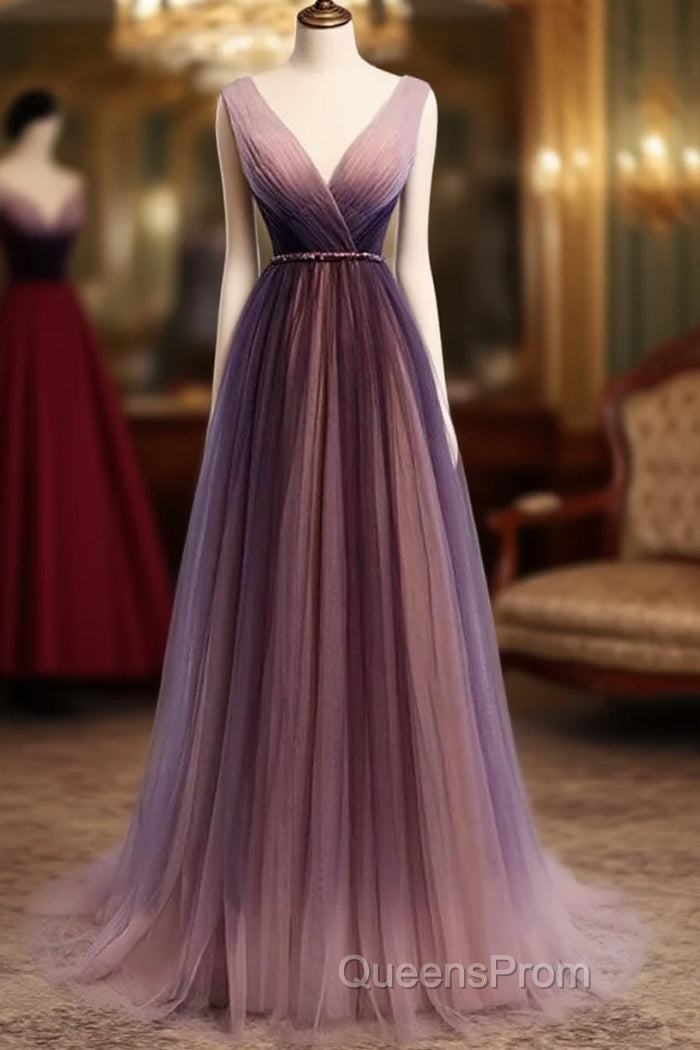 Beautiful Gradient V-Neckline Tulle Long Evening Prom Dress Party Dress, Gradient Evening Gown Main image