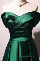 Beautiful Green Satin A-Line Off Shoulder Evening Prom Dress, Green Evening Dress Party Dress