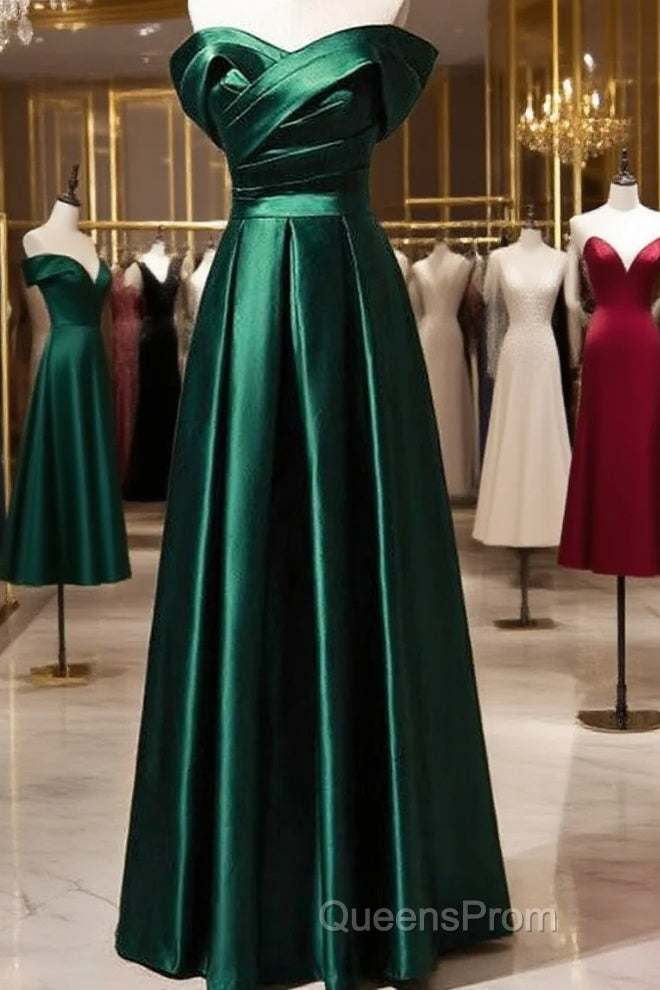 Beautiful Green Satin A-Line Off Shoulder Evening Prom Dress, Green Evening Dress Party Dress Main image