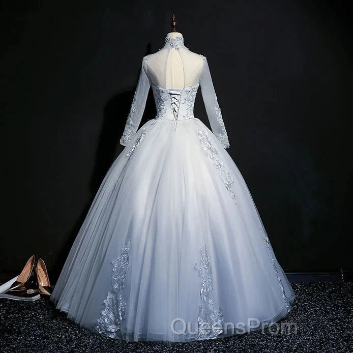 Beautiful Grey A-Line Long Sleeves With Lace Party Gown Sweet 16 Dress Evening Prom Dress Secondary image