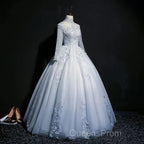Beautiful Grey A-Line Long Sleeves With Lace Party Gown Sweet 16 Dress Evening Prom Dress