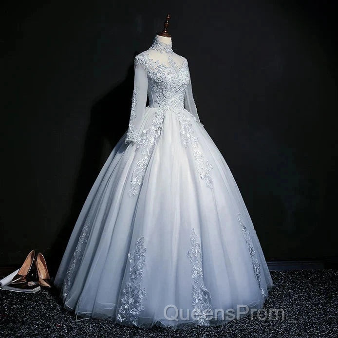 Beautiful Grey A-Line Long Sleeves With Lace Party Gown Sweet 16 Dress Evening Prom Dress