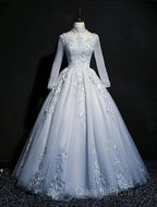 Beautiful Grey A-Line Long Sleeves With Lace Party Gown Sweet 16 Dress Evening Prom Dress