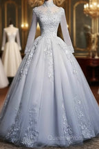 Beautiful Grey A-Line Long Sleeves With Lace Party Gown Sweet 16 Dress Evening Prom Dress