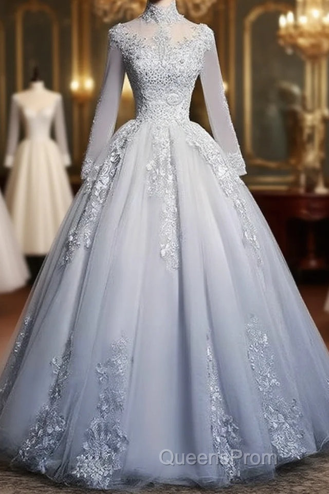 Beautiful Grey A-Line Long Sleeves With Lace Party Gown Sweet 16 Dress Evening Prom Dress