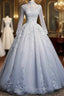 Beautiful Grey A-Line Long Sleeves With Lace Party Gown Sweet 16 Dress Evening Prom Dress