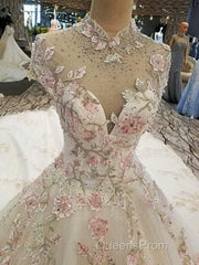 Beautiful Ivory High Neckline Tulle With Flower Lace Party Dress, Ivory Wedding Dress