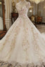 Beautiful Ivory High Neckline Tulle With Flower Lace Party Dress, Ivory Wedding Dress