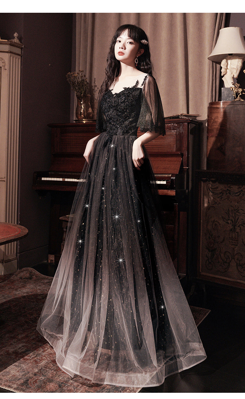 Beautiful Lace Applique Top Gradient Tulle Long Party Dress, Black Long Classy Dress Classy Prom Dress