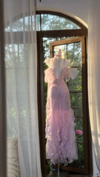Beautiful Lavender Deep V-Neck Suspender Lace Ruffled Mermaid Classy Prom Dress