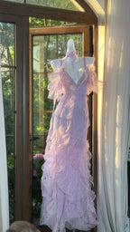 Beautiful Lavender Deep V-Neck Suspender Lace Ruffled Mermaid Classy Prom Dress