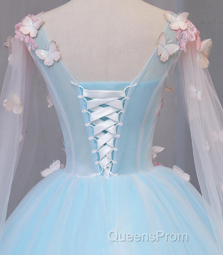 Beautiful Light Blue Butterfly Lace Ball Gown Evening Prom Dress, Sweet 16 Formal Dress