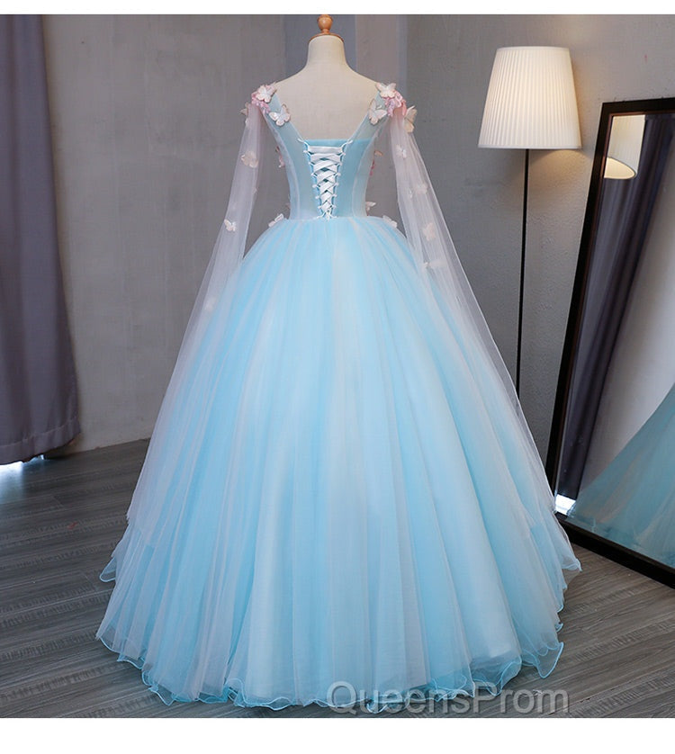 Beautiful Light Blue Butterfly Lace Ball Gown Evening Prom Dress, Sweet 16 Formal Dress