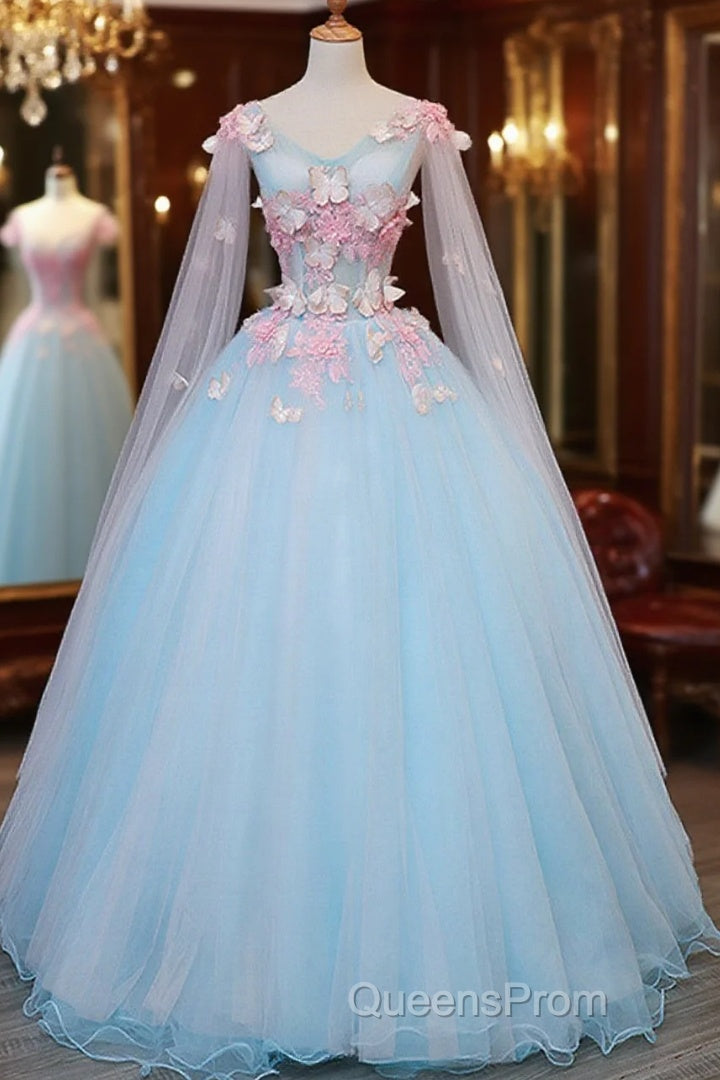 Beautiful Light Blue Butterfly Lace Ball Gown Evening Prom Dress, Sweet 16 Formal Dress Main image