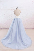 Beautiful Light Blue Tulle And White Top Long Wedding Party Gowns, Straps Junior Evening Prom Dress