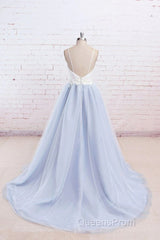 Beautiful Light Blue Tulle And White Top Long Wedding Party Gowns, Straps Junior Evening Prom Dress