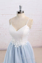 Beautiful Light Blue Tulle And White Top Long Wedding Party Gowns, Straps Junior Evening Prom Dress