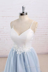 Beautiful Light Blue Tulle And White Top Long Wedding Party Gowns, Straps Junior Evening Prom Dress