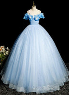 Beautiful Light Blue Tulle Off Shoulder Sweet 16 Dress, Light Blue Evening Dress