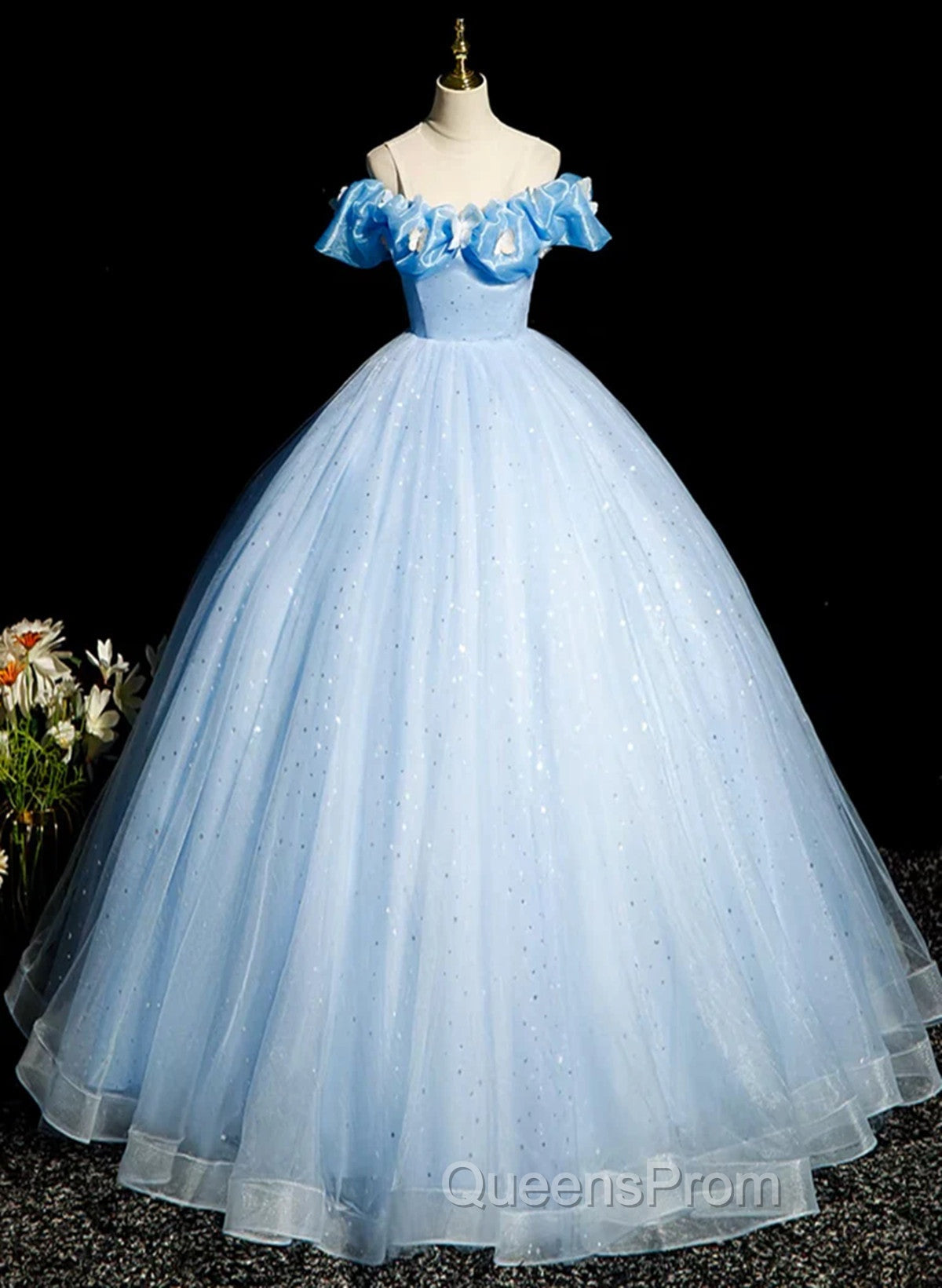 Beautiful Light Blue Tulle Off Shoulder Sweet 16 Dress, Light Blue Evening Dress