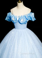 Beautiful Light Blue Tulle Off Shoulder Sweet 16 Dress, Light Blue Evening Dress