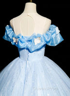 Beautiful Light Blue Tulle Off Shoulder Sweet 16 Dress, Light Blue Evening Dress
