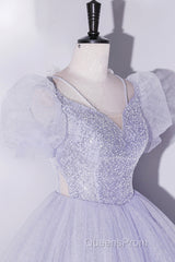Beautiful Light Blue Tulle Sequins Evening Prom Dress, Scoop Neck Short Sleeve Puffy Floor-Length Evening Dress