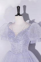 Beautiful Light Blue Tulle Sequins Evening Prom Dress, Scoop Neck Short Sleeve Puffy Floor-Length Evening Dress