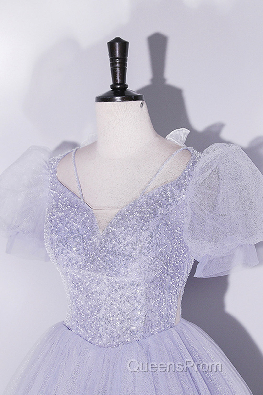 Beautiful Light Blue Tulle Sequins Evening Prom Dress, Scoop Neck Short Sleeve Puffy Floor-Length Evening Dress