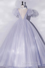 Beautiful Light Blue Tulle Sequins Evening Prom Dress, Scoop Neck Short Sleeve Puffy Floor-Length Evening Dress