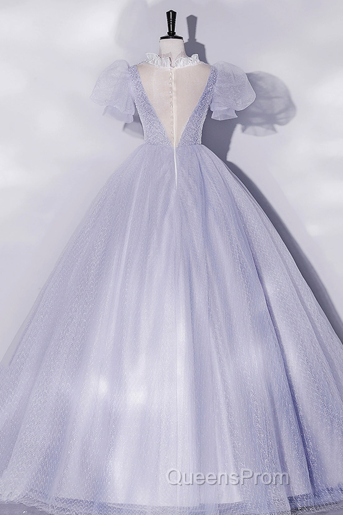 Beautiful Light Blue Tulle Sequins Evening Prom Dress, Scoop Neck Short Sleeve Puffy Floor-Length Evening Dress