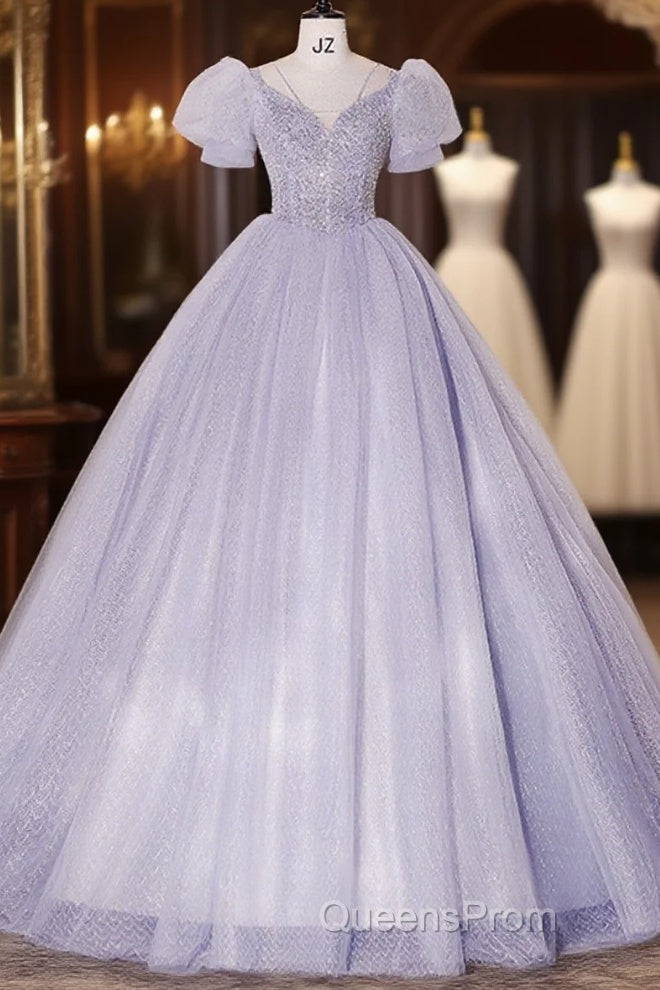 Beautiful Light Blue Tulle Sequins Evening Prom Dress, Scoop Neck Short Sleeve Puffy Floor-Length Evening Dress Main image