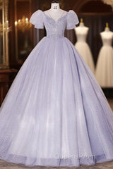Beautiful Light Blue Tulle Sequins Evening Prom Dress, Scoop Neck Short Sleeve Puffy Floor-Length Evening Dress